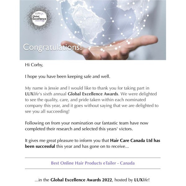Best Online Hair Care e-Tailer Global Excellence Award