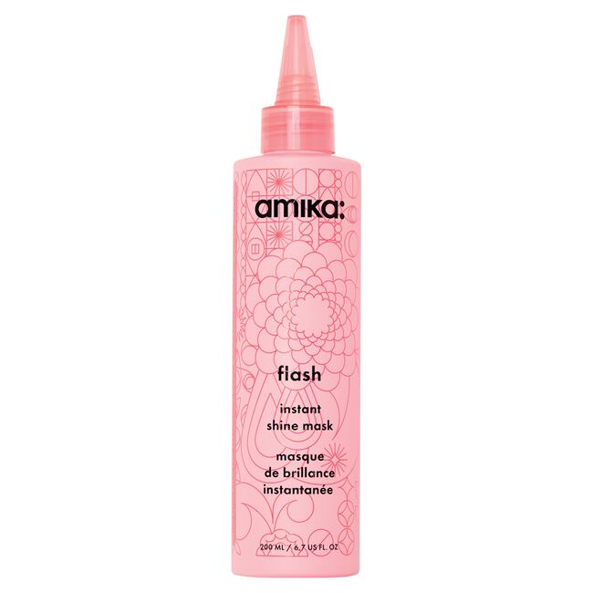 Pink bottle of amika flash instant shine mask on a white background - Hair Care Canada