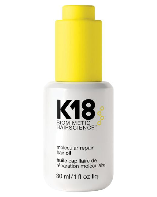 K18 biomimetic hairscience molecular repair hair oil bottle with yellow cap on a white background - Hair Care Canada