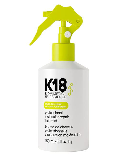 K18 Biomimetic Hairscience Professional Molecular Repair Hair Mist in a white spray bottle with a bright lime green trigger sprayer, on a white background - Hair care Canada