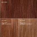 A hair color comparison graphic showing straight hair swatches labeled BEFORE and AFTER. The top panel labeled BEFORE shows a dark reddish brown hair color.