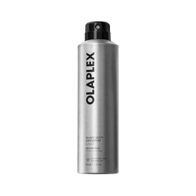 A silver aerosol can of Olaplex Sharp Set Hair Spray on a plain white background Hair Care Canada