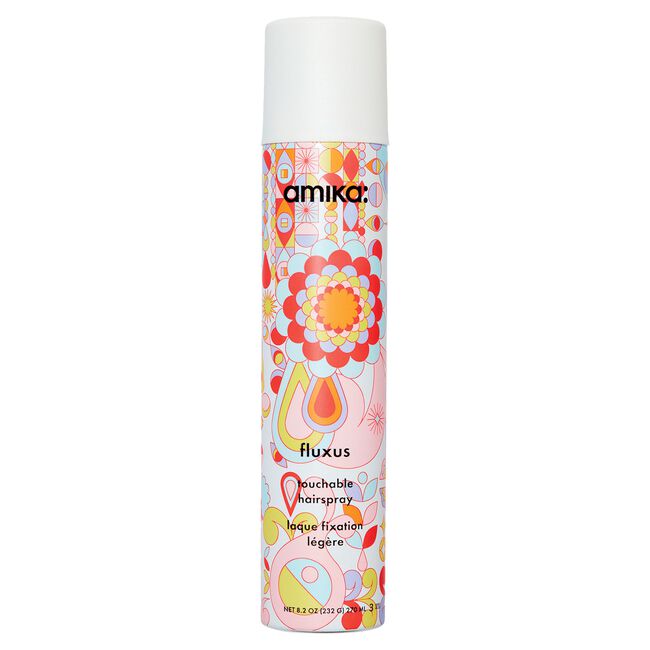 Amika fluxus hairspray can with colorful design on a white background - Hair Care Canada