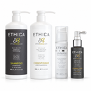 ETHICA beauty hair care set featuring a large shampoo bottle, a conditioner bottle, a mask spray bottle, and a corrective topical spray bottle, arranged on a white background - Hair Care Canada