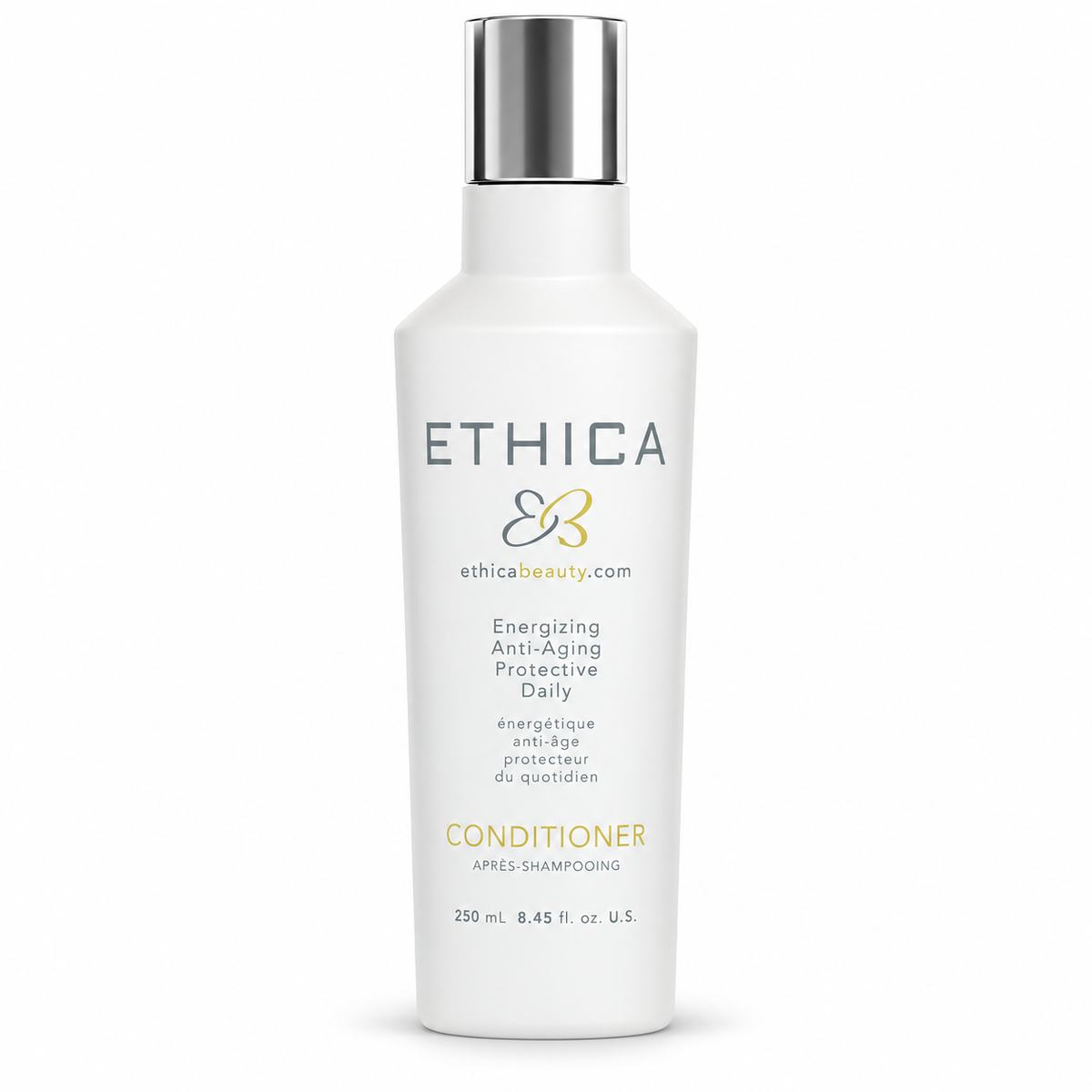 A white bottle of Ethica Energizing Anti-Aging Protective Daily Conditioner with a metallic silver cap, shown on a clean white background-Hair Care Canada