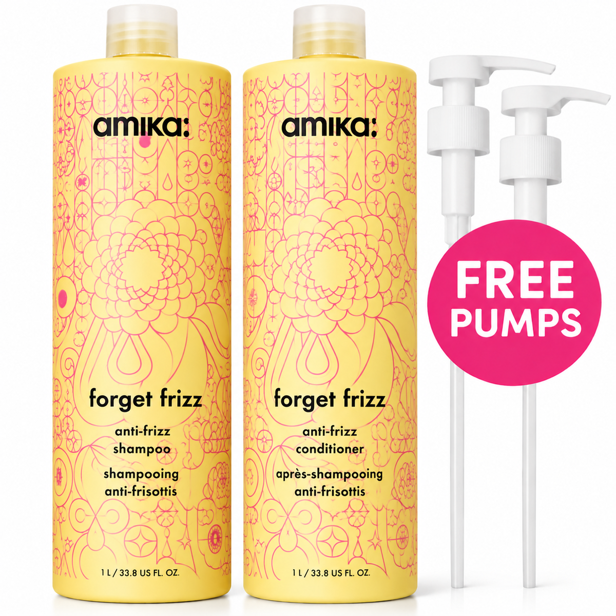 amika Forget Frizz Anti-Frizz Litre Duo 1000ml – Shampoo & Conditioner – FREE Pumps Included – Canada