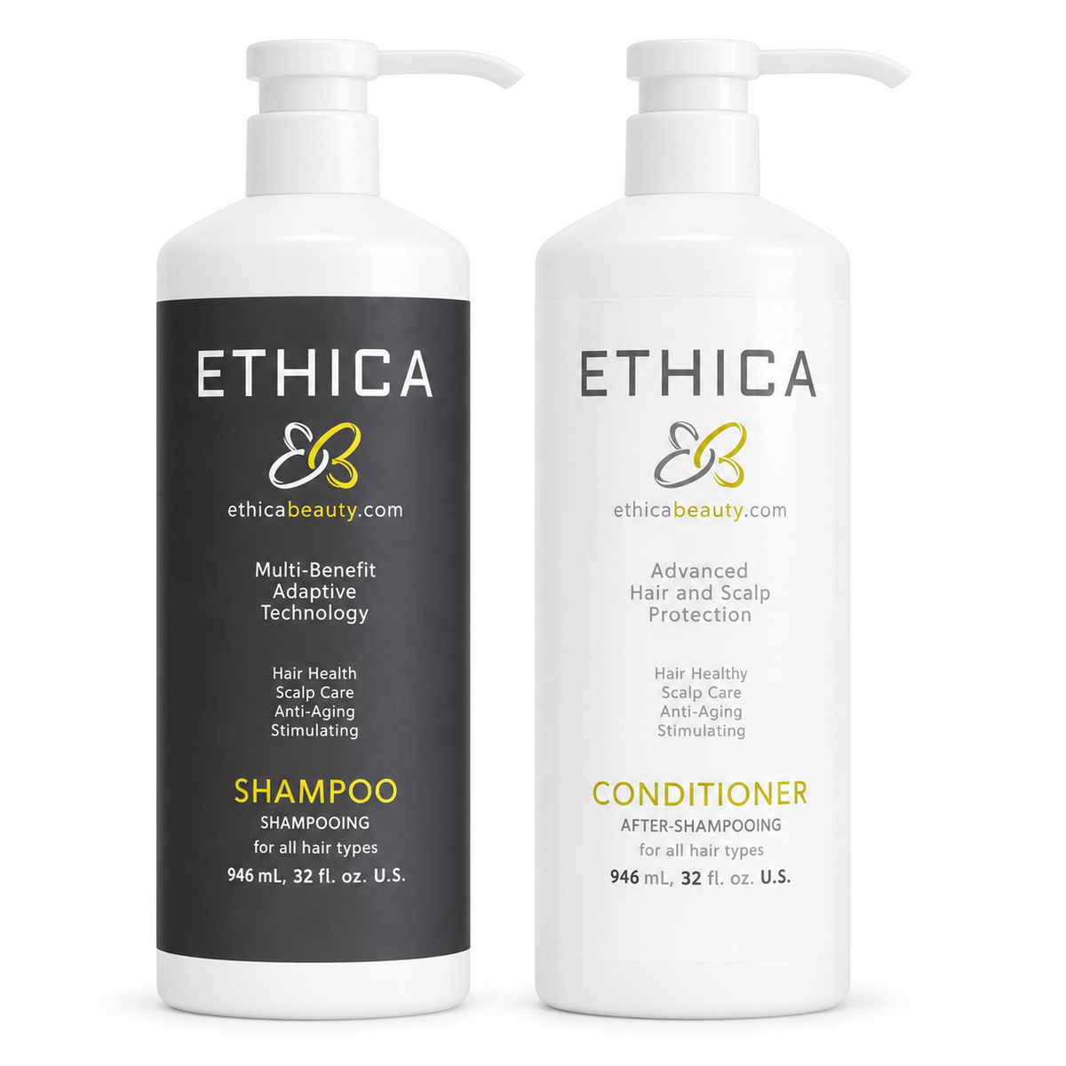 Two white pump bottles of ETHICA beauty hair care products on a white background: a black-labeled Shampoo bottle on the left and a white-labeled Conditioner bottle on the right - Hair Care Canada