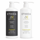 Two white pump bottles of ETHICA beauty hair care products on a white background: a black-labeled Shampoo bottle on the left and a white-labeled Conditioner bottle on the right - Hair Care Canada