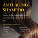 Advertisement for anti-aging shampoo with text and a close-up of hair.