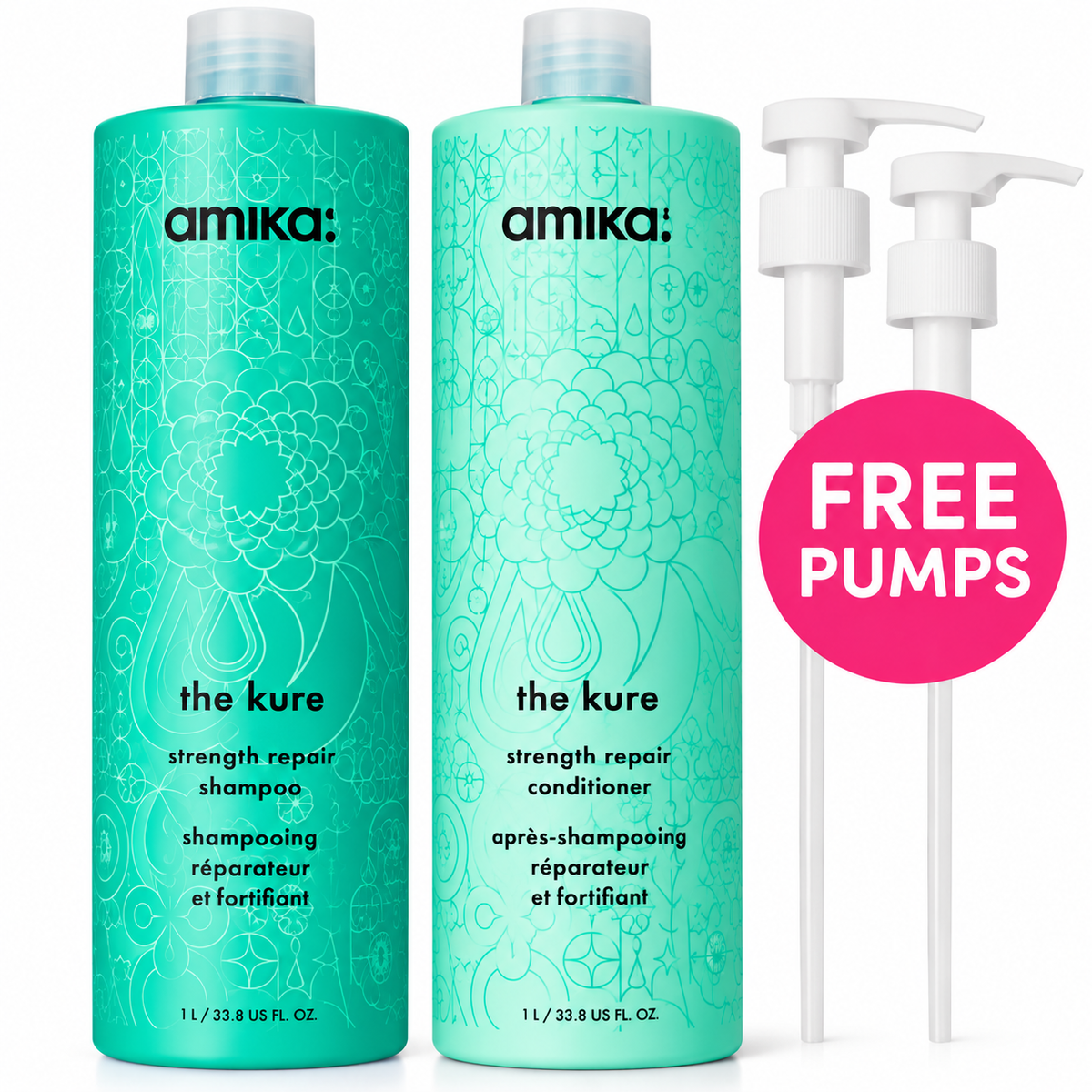 Two turquoise Amika 'The Kure' bottles shown on a white background, with two white pump dispensers to the right and a pink circular callout reading 'FREE PUMPS'.