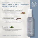 A hair treatment spray bottle on a light gray background with product information text. The bottle is white and gray with a white spray top.