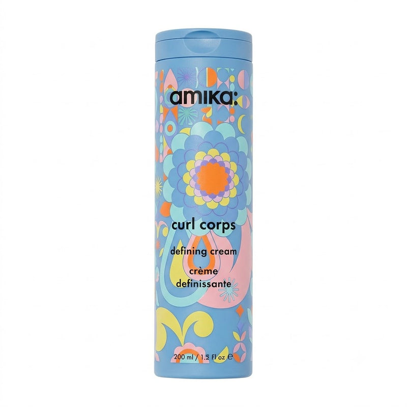 Amika Curl Corps defining cream container with colorful design on a white background - Hair Care Canada