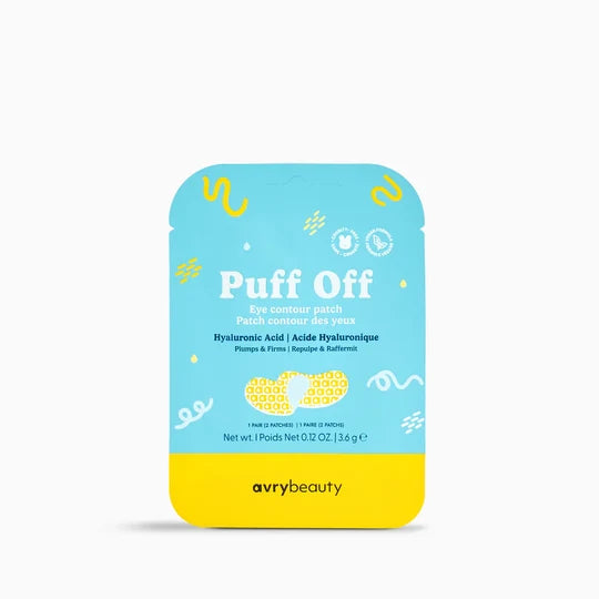 Avvy Beauty Puff Off eye contour patch in a light blue and yellow foil pouch, shown against a plain white background-Hair Care Canada