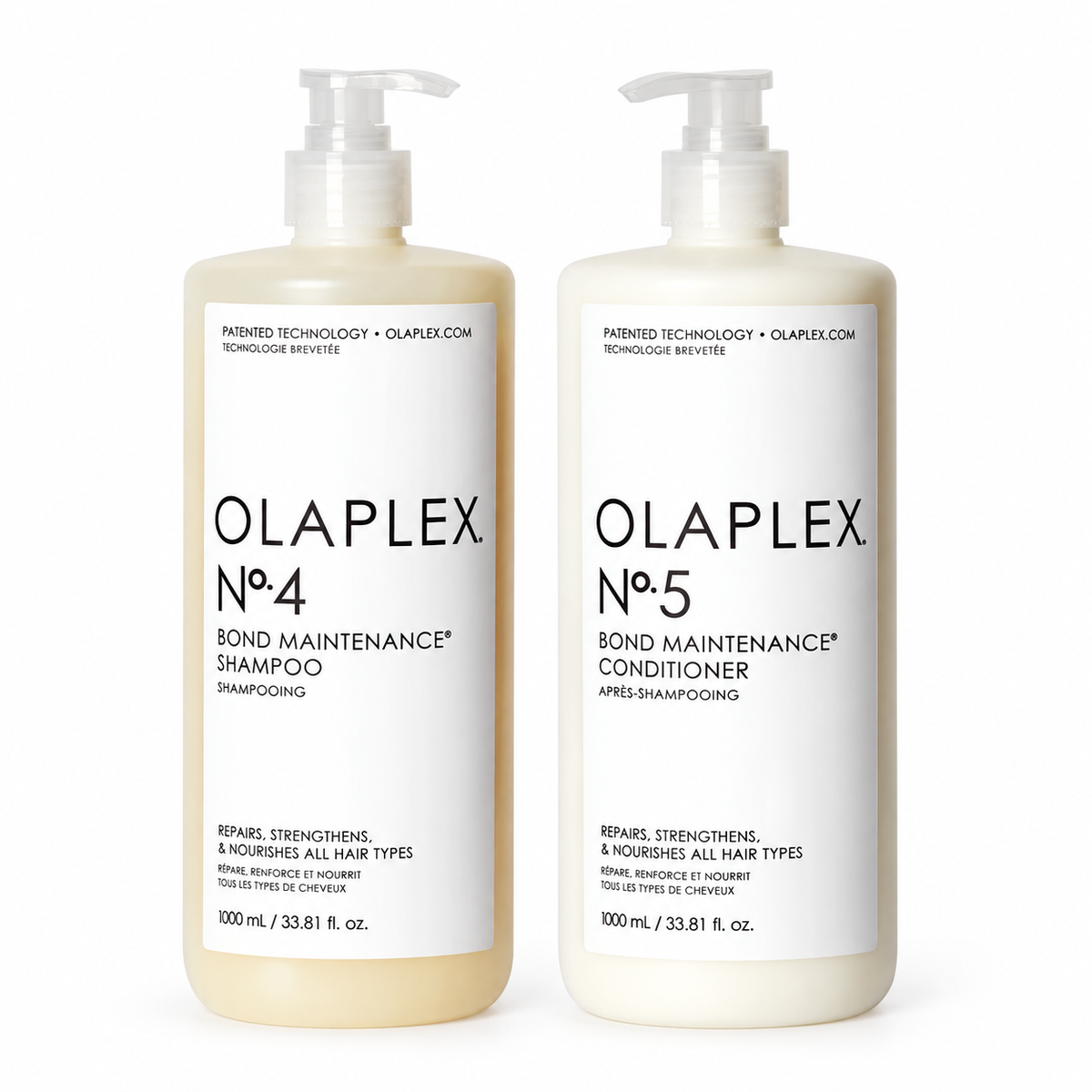 Two 1000 ml pump bottles of Olaplex Bond Maintenance hair care products on a white background - Hair Care Canada