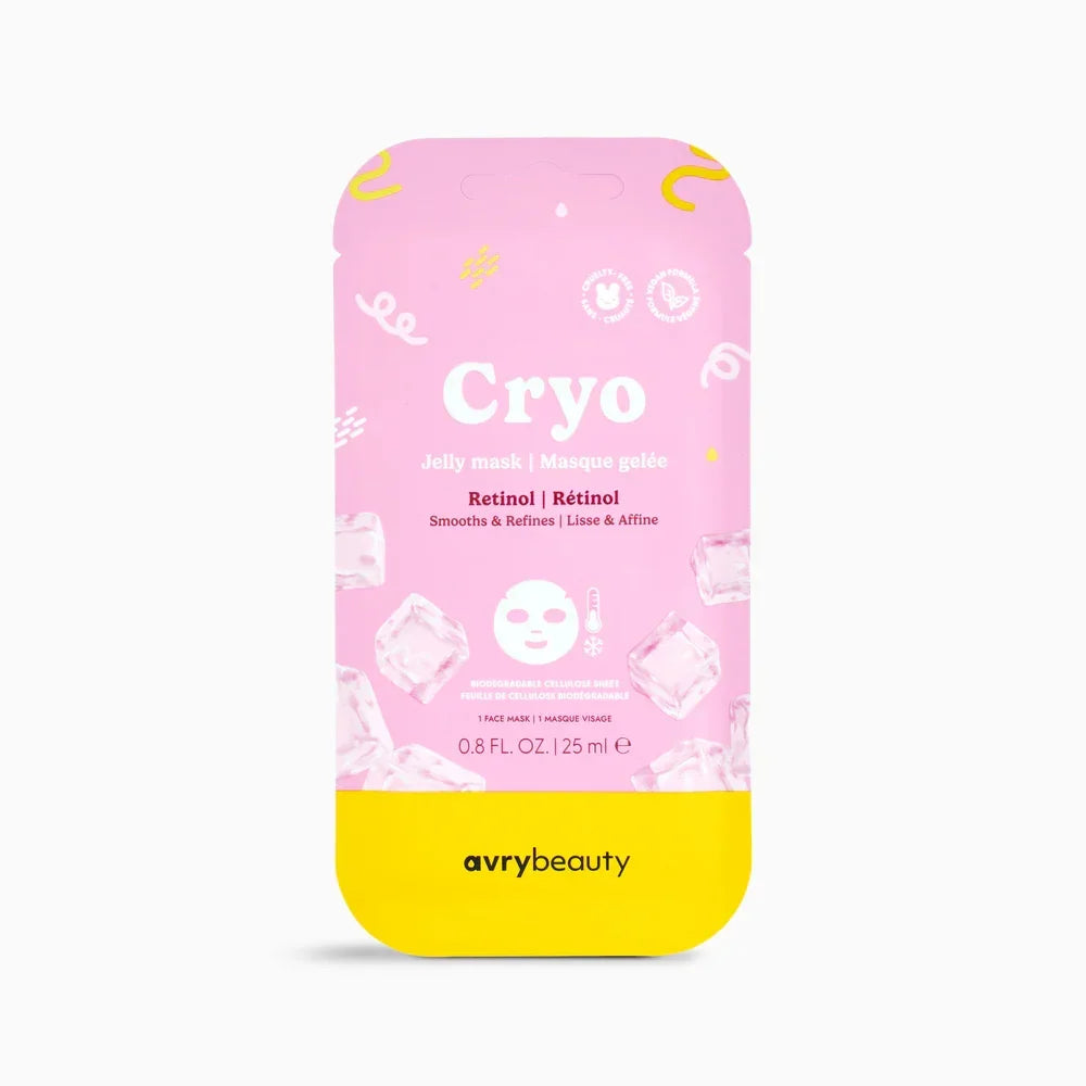 A pink and yellow pouch of avrybeauty Cryo Jelly mask, featuring illustrations of ice cubes and a white face mask icon on a clean white background-Hair Care Canada