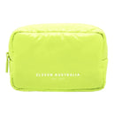 A bright lime green puffer-style pouch bag with white printed text reading 'ELEVEN AUSTRALIA est. 2011' on the front, shown against a plain white background.