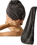 Person using a gray towel on their head with a close-up of the towel on a white background Hair Care Canada