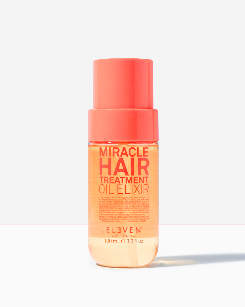 Bottle of 'Miracle Hair Treatment Oil Elixir' by Eleven on a white background - Hair Care Canada