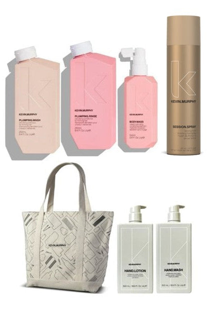 Collection of Kevin Murphy hair care products including bottles and a tote bag on a white background. - Hair Care Canada