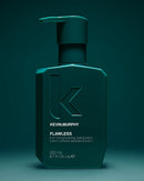 Kevin Murphy Flawless 6-in-1 hairbuilding styling lotion in a matte dark teal-green pump bottle, set against a matching dark teal background - Hair Care Canada