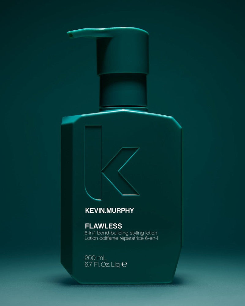 Kevin Murphy Flawless 6-in-1 hairbuilding styling lotion in a matte dark teal-green pump bottle, set against a matching dark teal background - Hair Care Canada