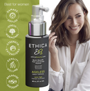Ethica Ageless Daily Topical hair and scalp health pump bottle shown next to a smiling woman in a white shirt, with a green graphic background detailing product benefits.