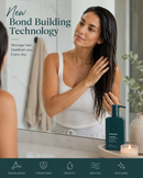 A woman with wet dark hair looks into a bathroom mirror while using a dark teal pump bottle of Kérastase Bond Building Treatment. The scene includes promotional text on the left and a dark teal product bottle on the counter, with a candle and vase nearby - Hair Care Canada