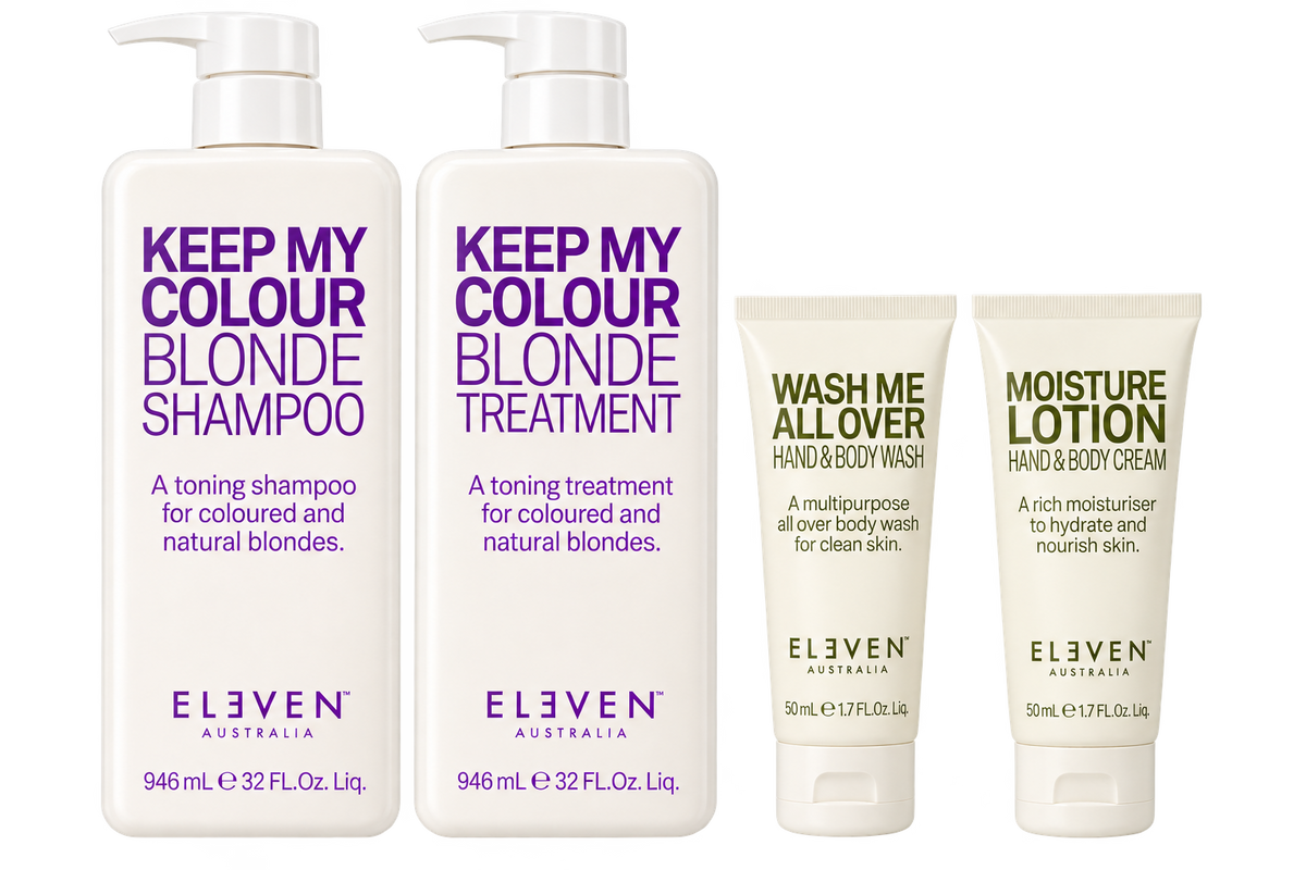 Four Eleven Australia haircare products on a white background: two large white pump bottles of blonde shampoo and treatment with purple text, and two smaller white tubes of hand & body wash and body cream with olive green text - Hair Care Canada