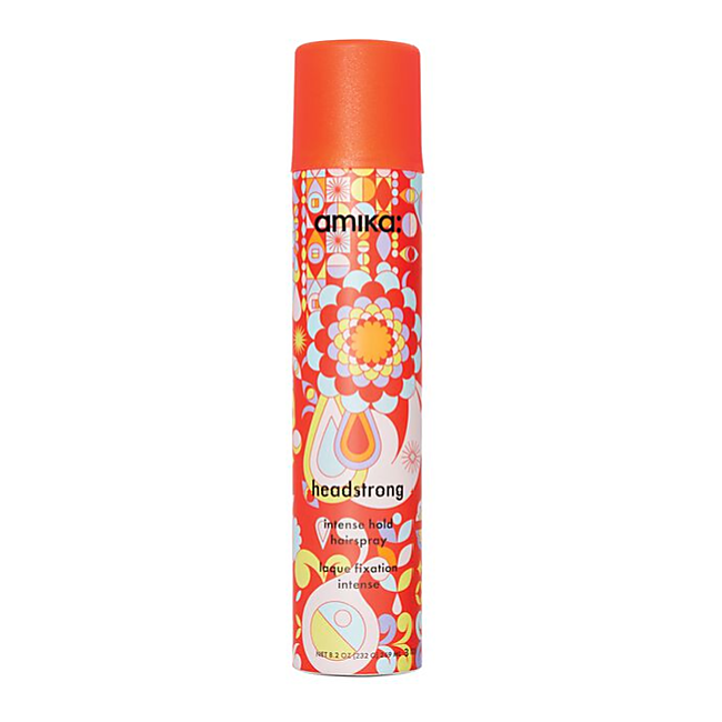 Amika headstrong hair spray can with colorful design on a white background - Hair Care Canada