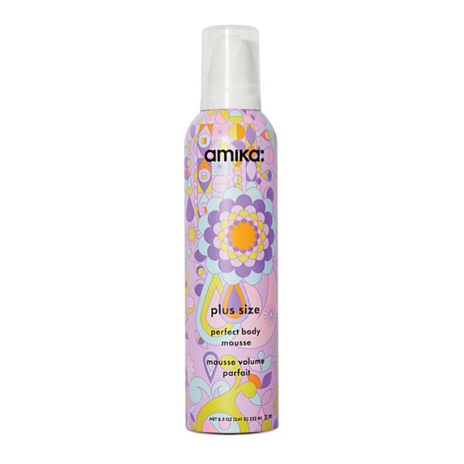 Amika mousse bottle with colorful design on a white background - Hair Care Canada