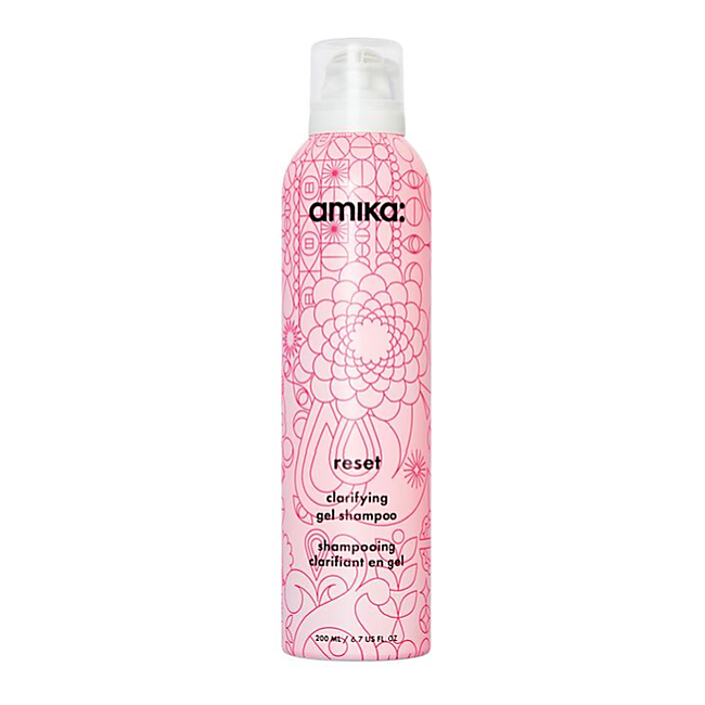 Amika reset clarifying gel shampoo bottle on a white background - Hair Care Canada