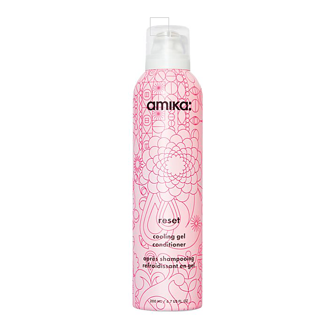 Amika cooling gel conditioner bottle with pink floral design on a white background - Hair Care Canada