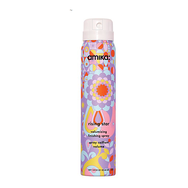 Amika rising star volumizing finishing spray can with colorful design on a white background - Hair Care Canada