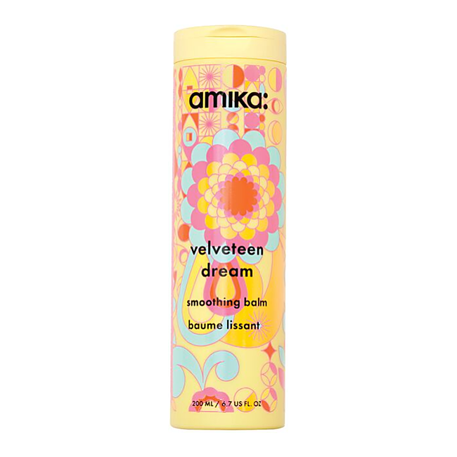 Amika Velveteen Dream smoothing balm container with colorful design on a white background - Hair Care Canada