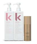 Two Kevin Jurphy Angel hair care bottles with pumps and a can of hair spray - Hair Care Canada