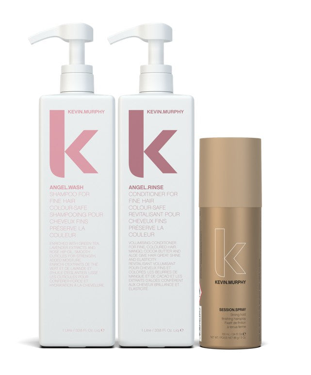 Two Kevin Jurphy Angel hair care bottles with pumps and a can of hair spray - Hair Care Canada