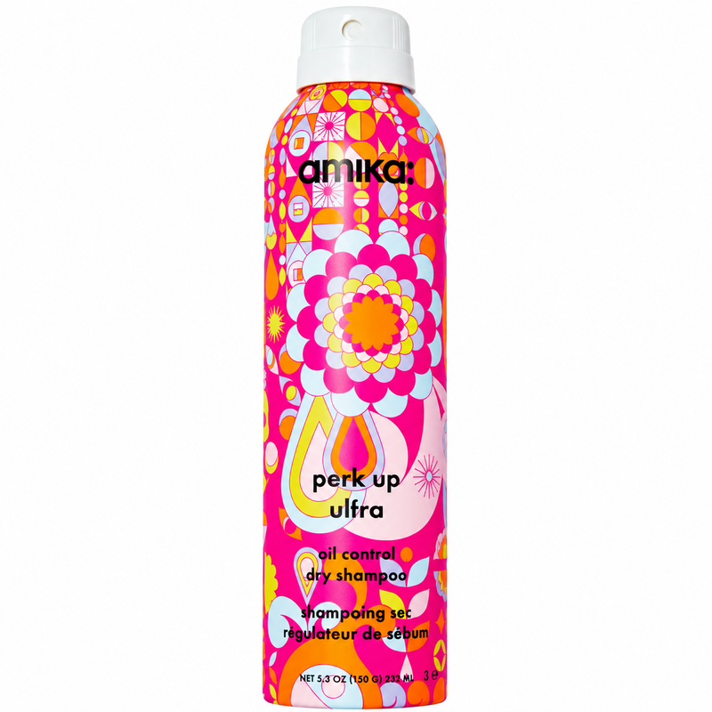 Amika dry shampoo can with colorful design on a white background - Hair Care Canada