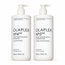 Two white pump bottles of Olaplex No. 4 Fine Bond Maintenance Shampoo and No. 5 conditioner - Hair Care Canada