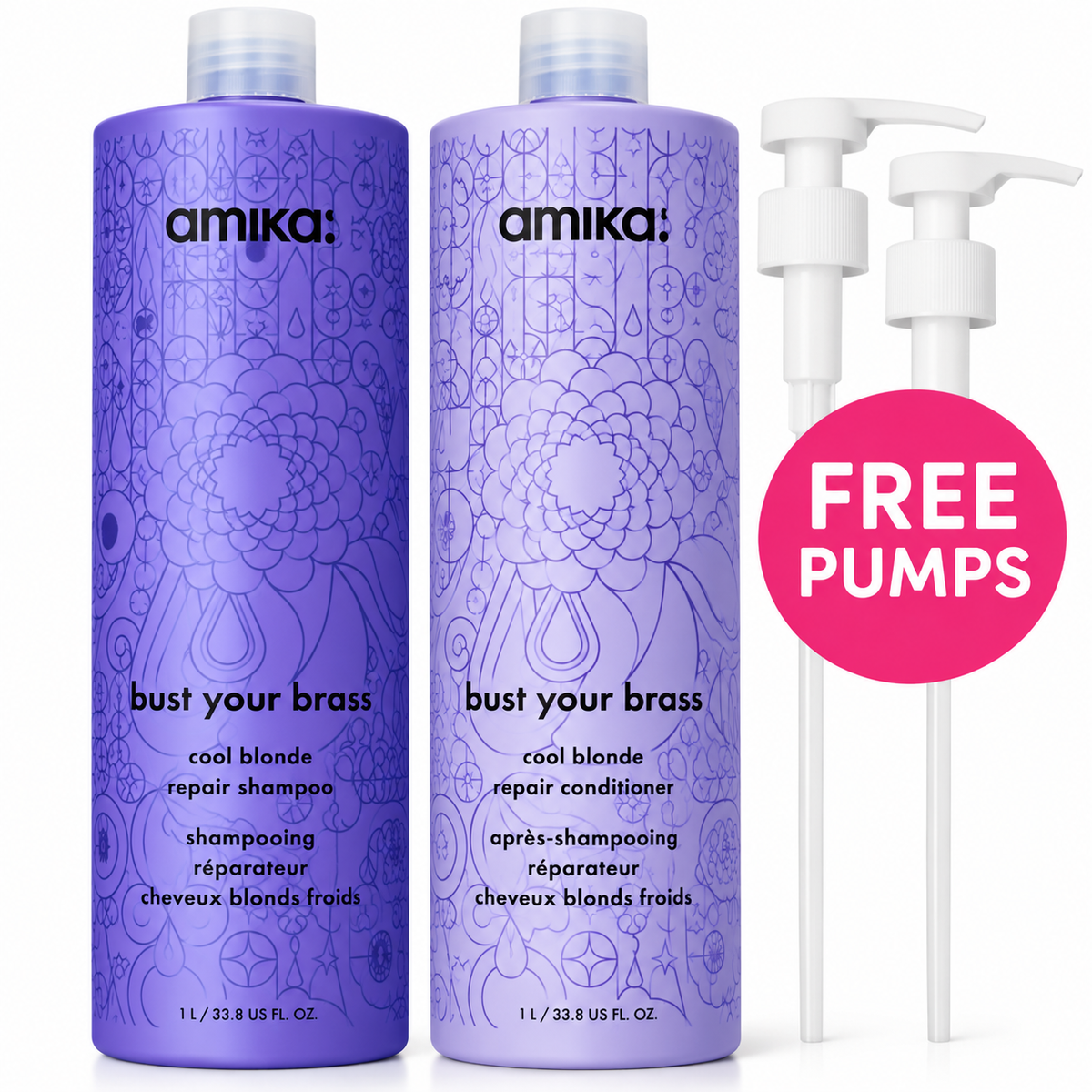 Two Amika 'Bust Your Brass' cool blonde repair shampoo and conditioner bottles in purple, shown alongside two white pump bottles and a pink circular badge that reads 'FREE PUMPS'.