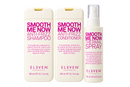Three ELEVEN AUSTRALIA haircare bottles on a white background: Smooth Me Now Anti-Frizz Shampoo, Smooth Me Now Anti-Frizz Conditioner, and Smooth Me Now Thermal Spray.