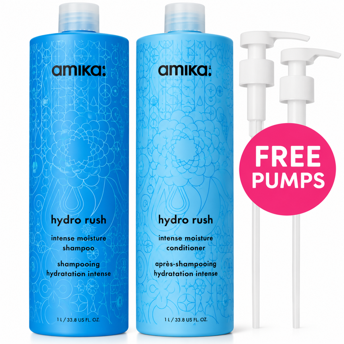 Two blue Amika Hydro Rush shampoo and conditioner bottles shown on a white background, with two white pump dispensers to the right and a pink circle that reads FREE PUMPS.