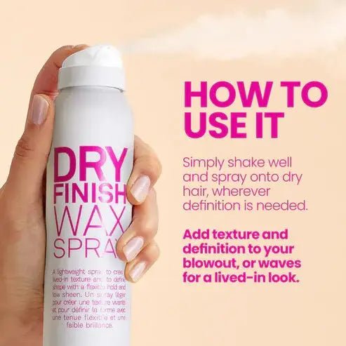 Dry finish wax spray with usage instructions on a beige background - Hair Care Canada