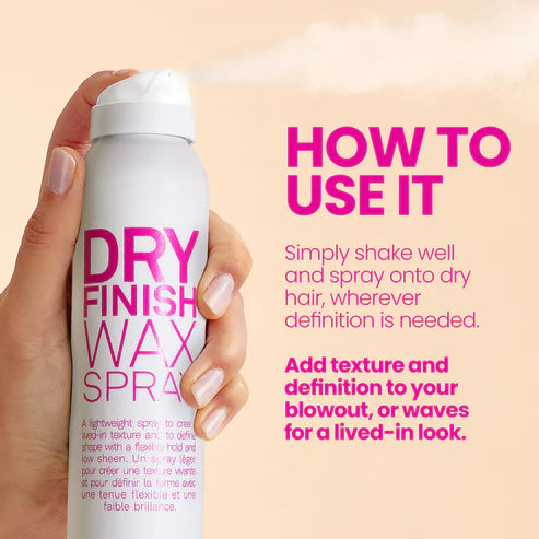 Dry finish wax spray with usage instructions on a beige background - Hair Care Canada
