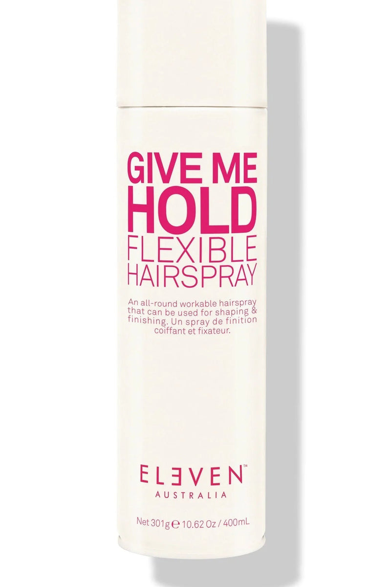 Hairspray bottle labeled 'Give Me Hold Flexible Hairspray' by Eleven Australia on a white background - hair Care Canada