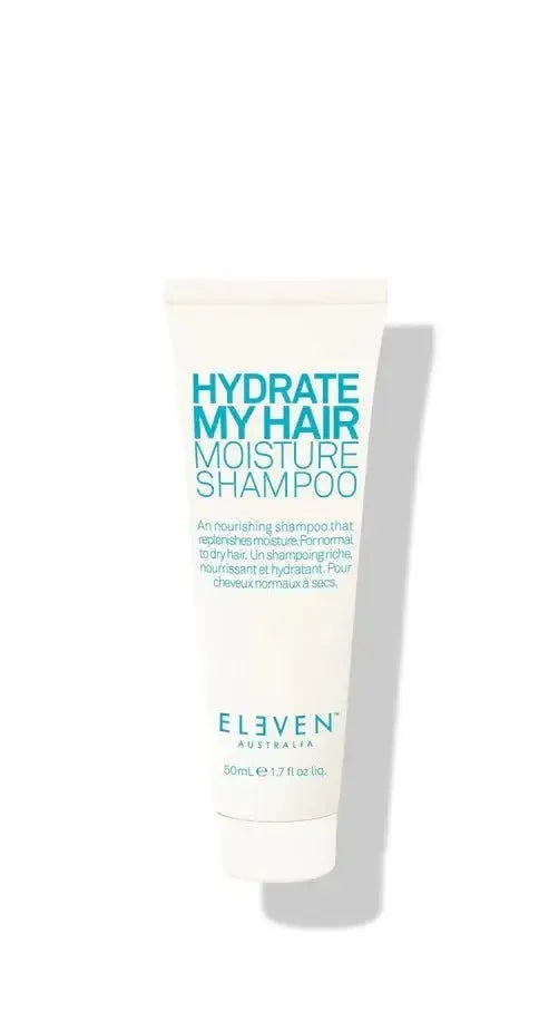 Shampoo bottle labeled 'Hydrate My Hair Moisture Shampoo' by 'Eleven Australia' on a white background - hair Care Canada