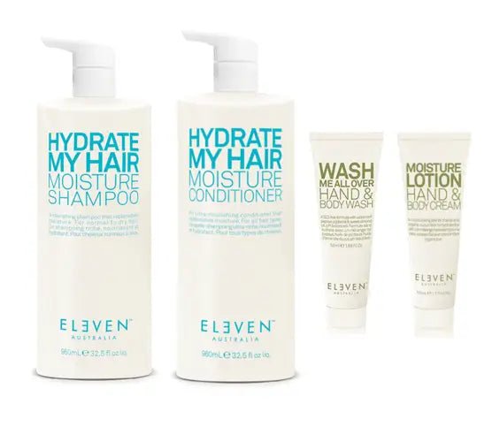 Eleven Australia Hydrate My Hair  shampoo and conditioner bottles on white background - Hair Care Canada