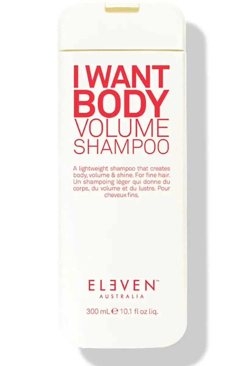 Shampoo bottle labeled 'I Want Body Volume Shampoo' by Eleven Australia on a white background - hair care Canada