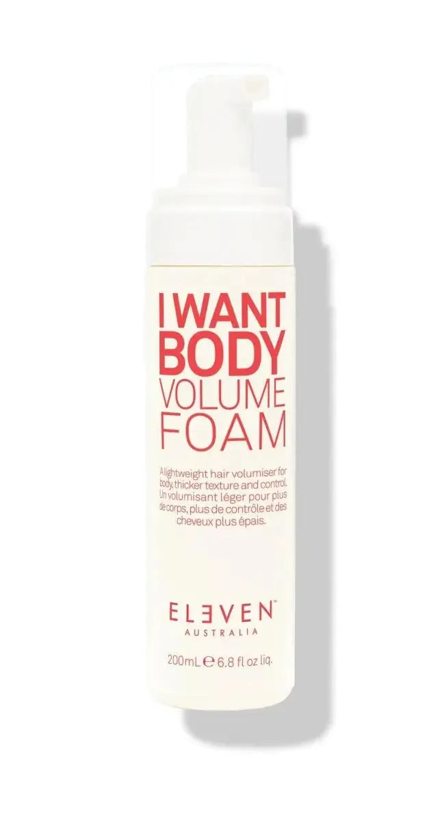 Bottle of Eleven Australia I Want Body Volume Foam on a white background - Hair Care Canada