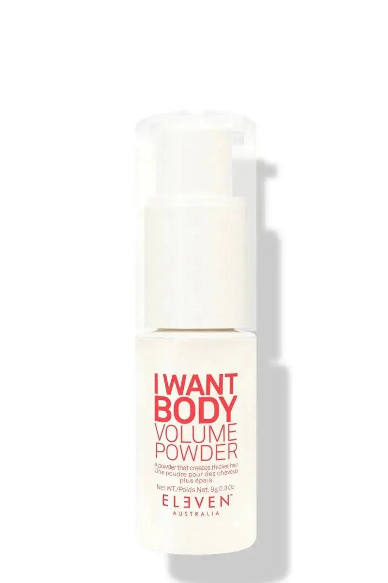 White powder container labeled 'I Want Body Volume Powder' by Eleven on a white background - hair Care Canada