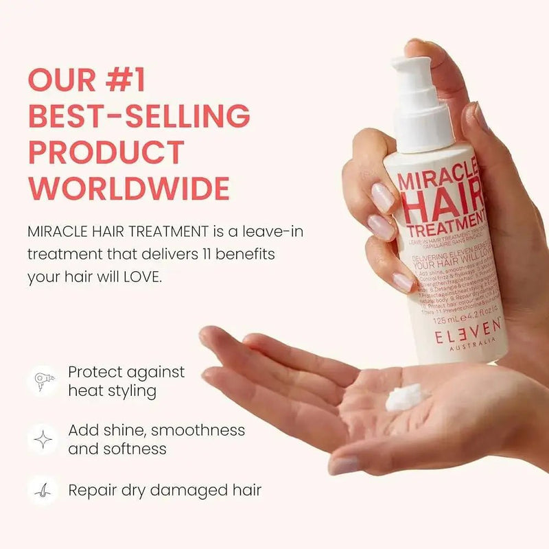 Hand holding a bottle of 'Miracle Hair Treatment' with product description text on a white background - hair Care Canada